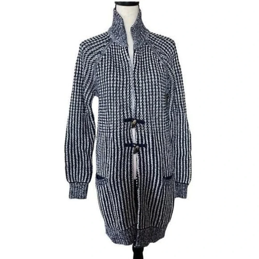 Gap knitted navy blue & white duffel faux wood buttons long cardigan women Large